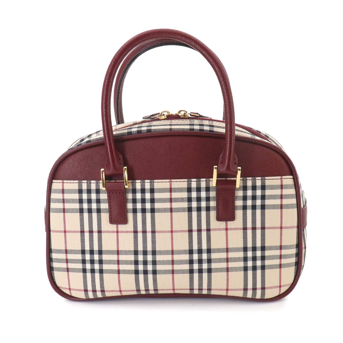 Plaid Mini Boston Hand Bag Canvas Leather Beige Bordeaux