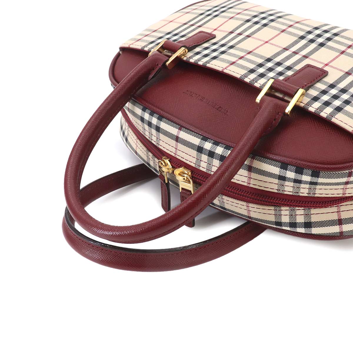 Plaid Mini Boston Hand Bag Canvas Leather Beige Bordeaux