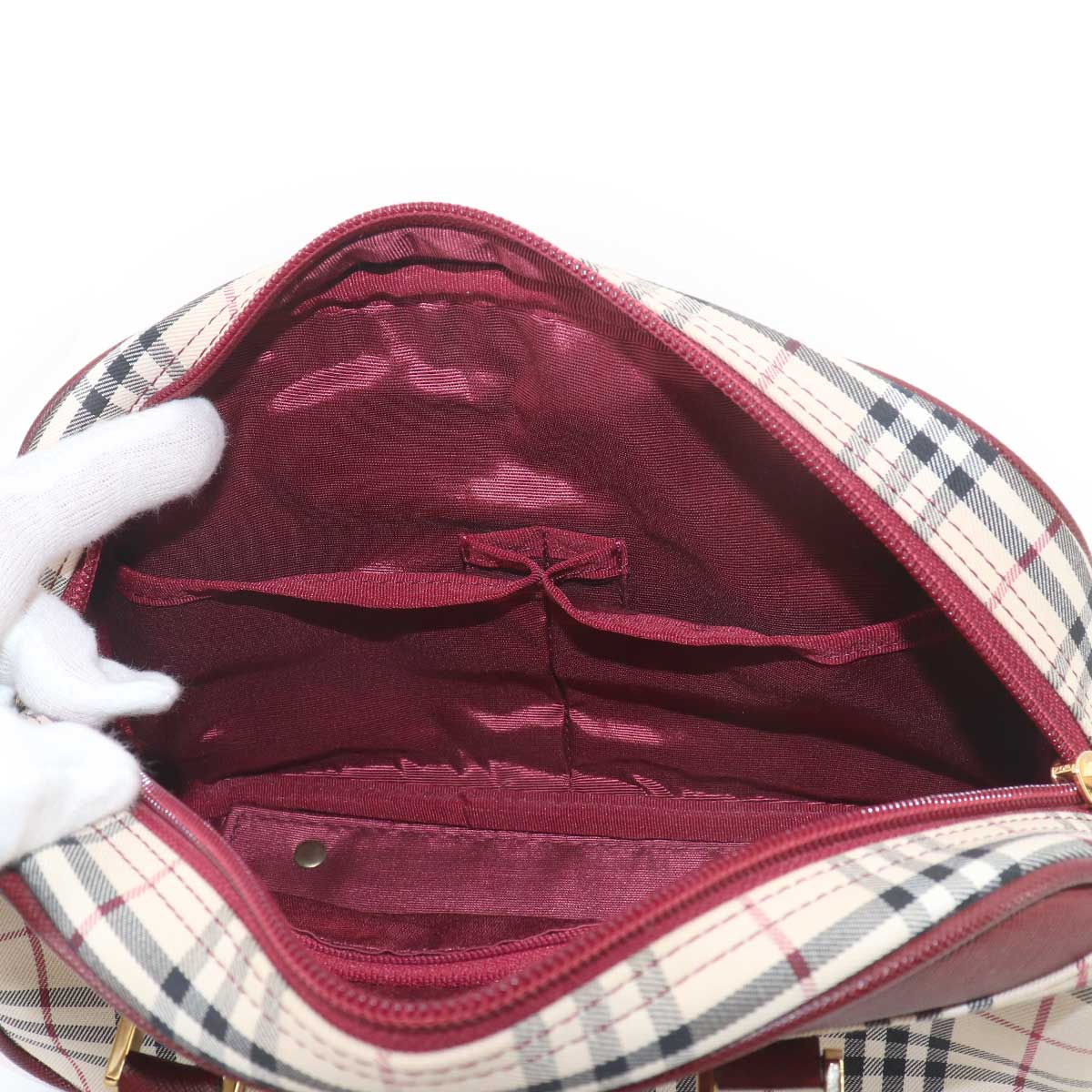 Plaid Mini Boston Hand Bag Canvas Leather Beige Bordeaux