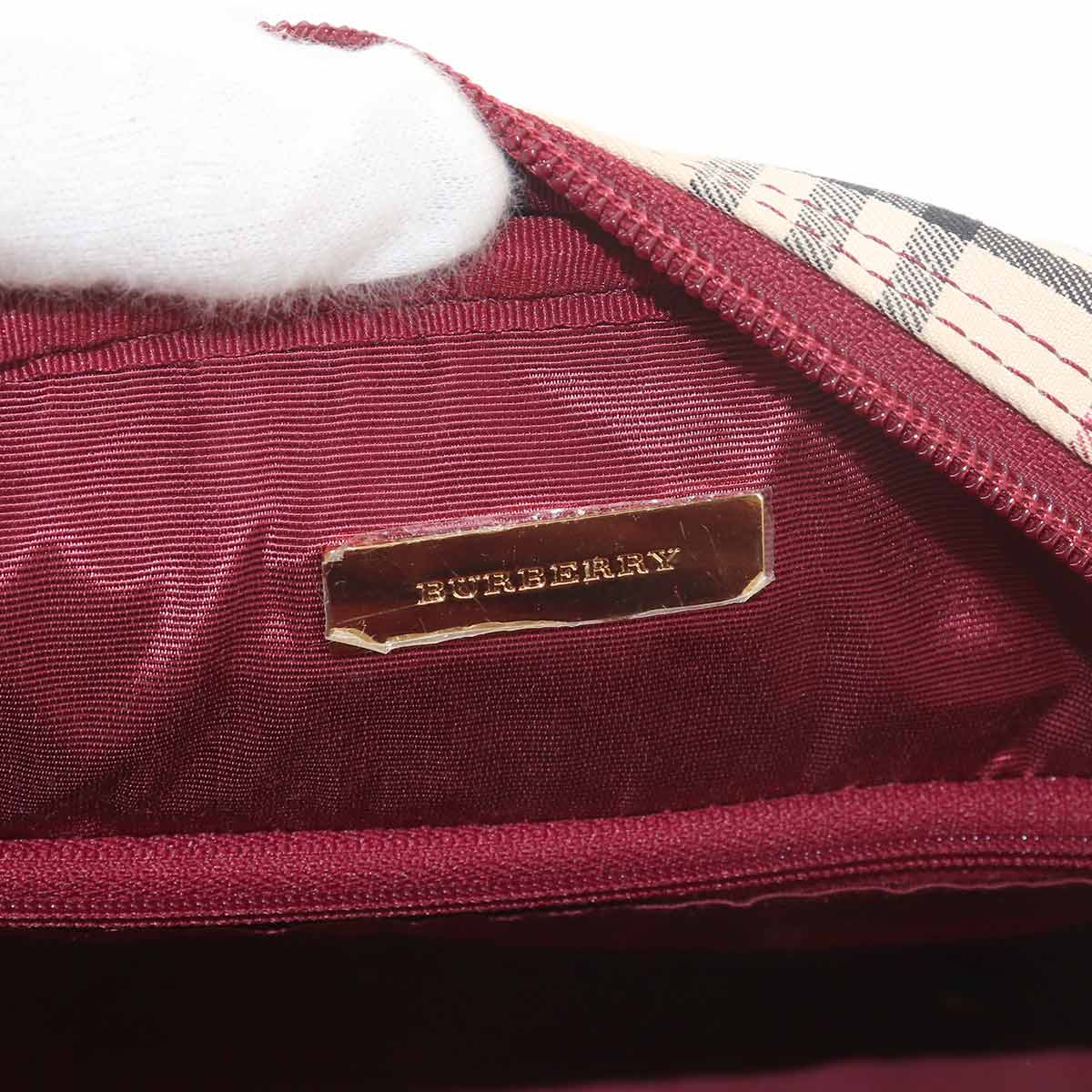 Plaid Mini Boston Hand Bag Canvas Leather Beige Bordeaux