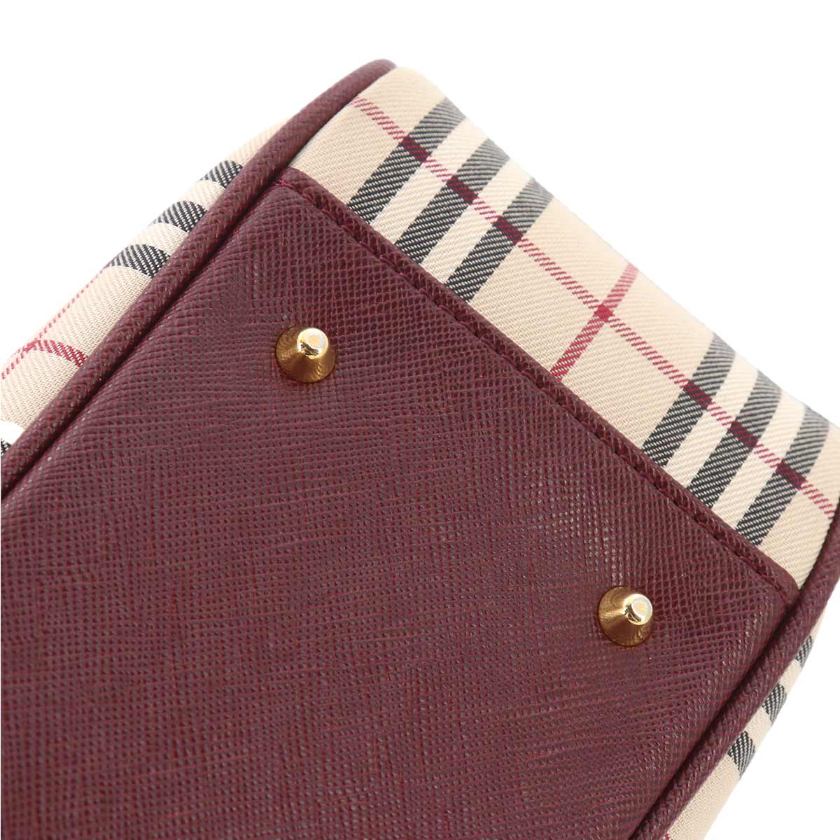 Plaid Mini Boston Hand Bag Canvas Leather Beige Bordeaux