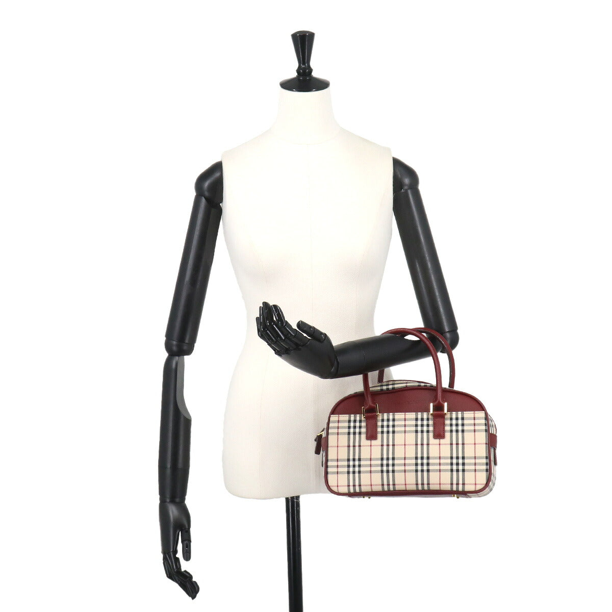 Plaid Mini Boston Hand Bag Canvas Leather Beige Bordeaux