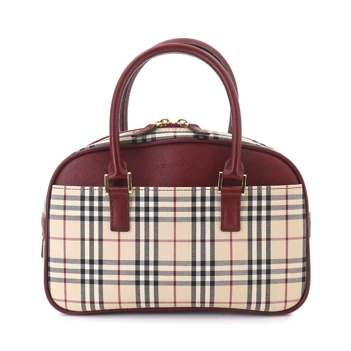 Plaid Mini Boston Hand Bag Canvas Leather Beige Bordeaux