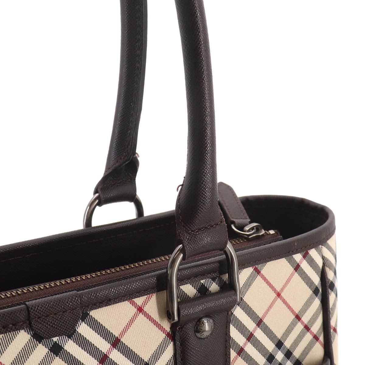 Plaid Tote Bag Canvas Leather Beige Brown Purse