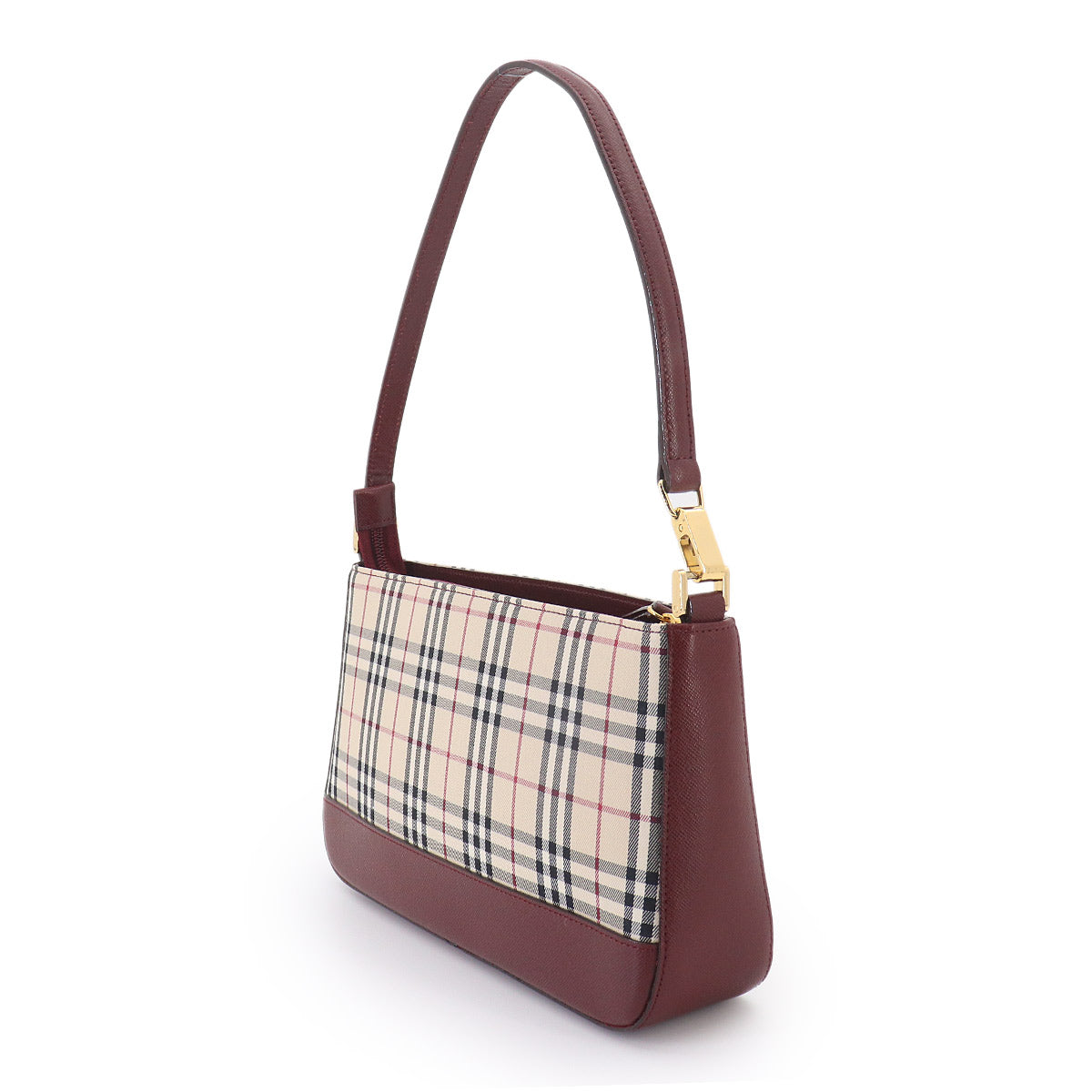 Plaid Shoulder Bag Canvas Leather Beige Bordeaux Purse