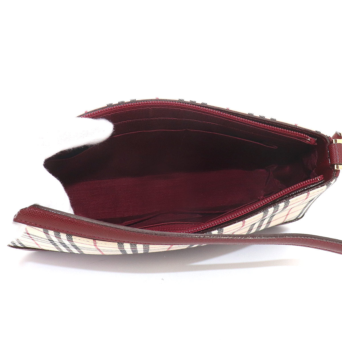 Plaid Shoulder Bag Canvas Leather Beige Bordeaux Purse
