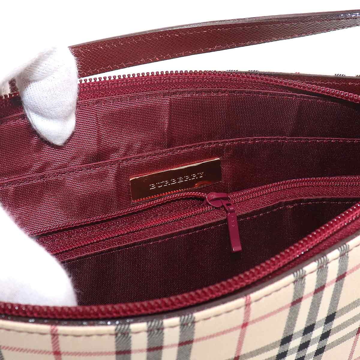 Plaid Shoulder Bag Canvas Leather Beige Bordeaux Purse