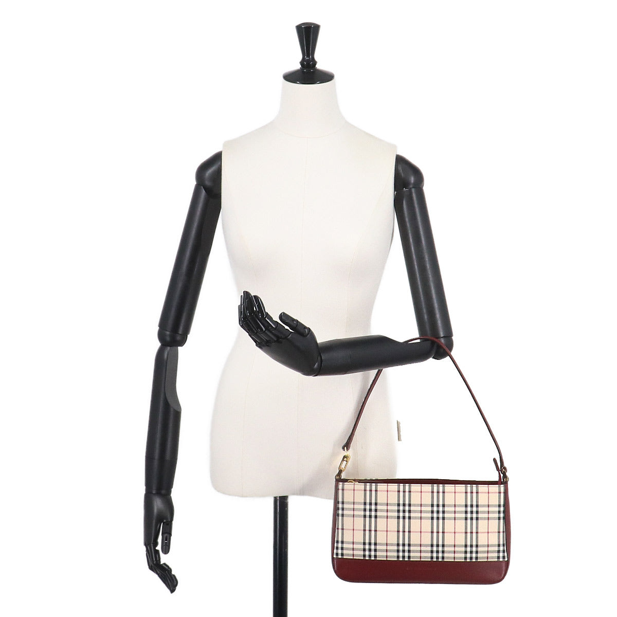 Plaid Shoulder Bag Canvas Leather Beige Bordeaux Purse