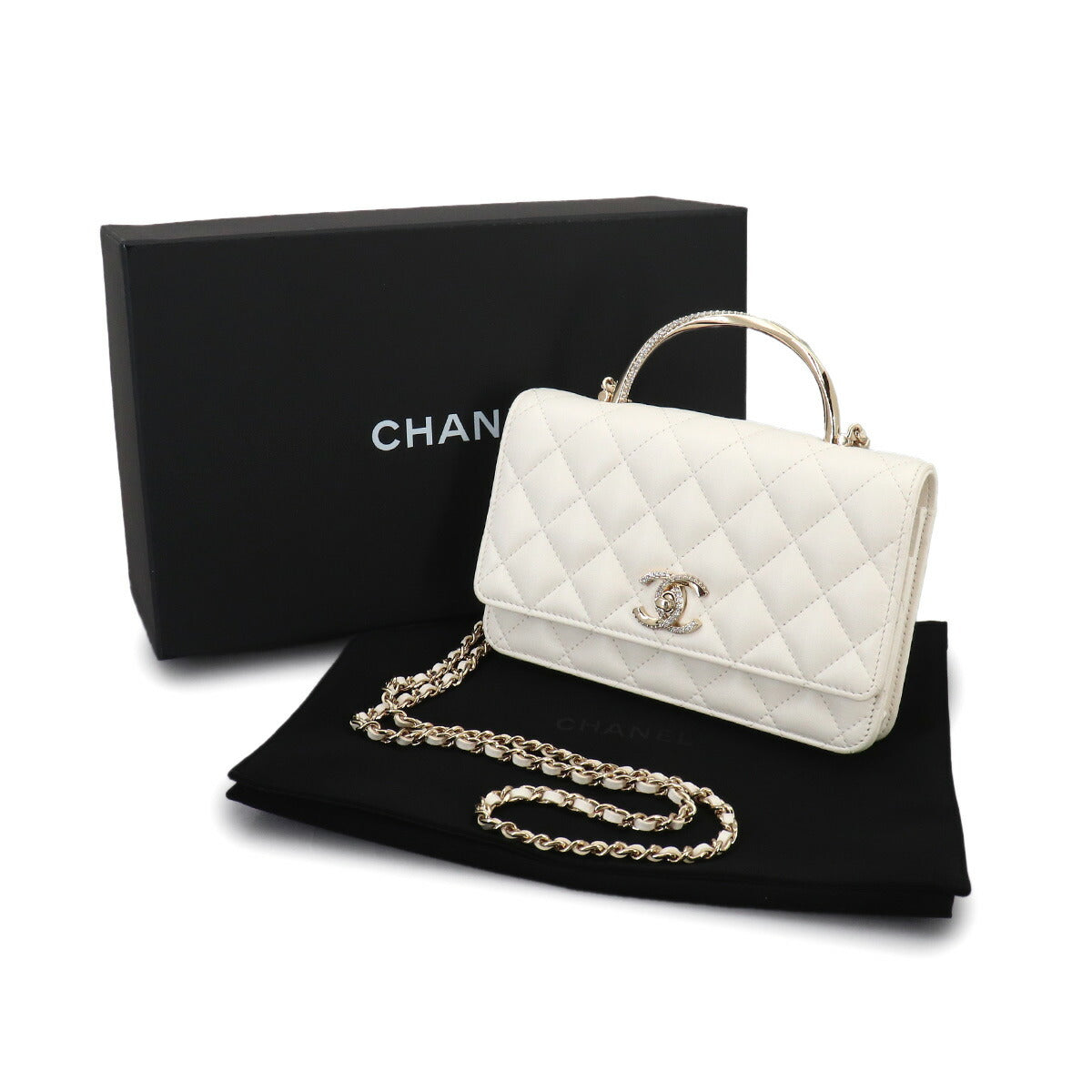 Matelasse 2way Hand Chain Wallet Leather White Rhinestone