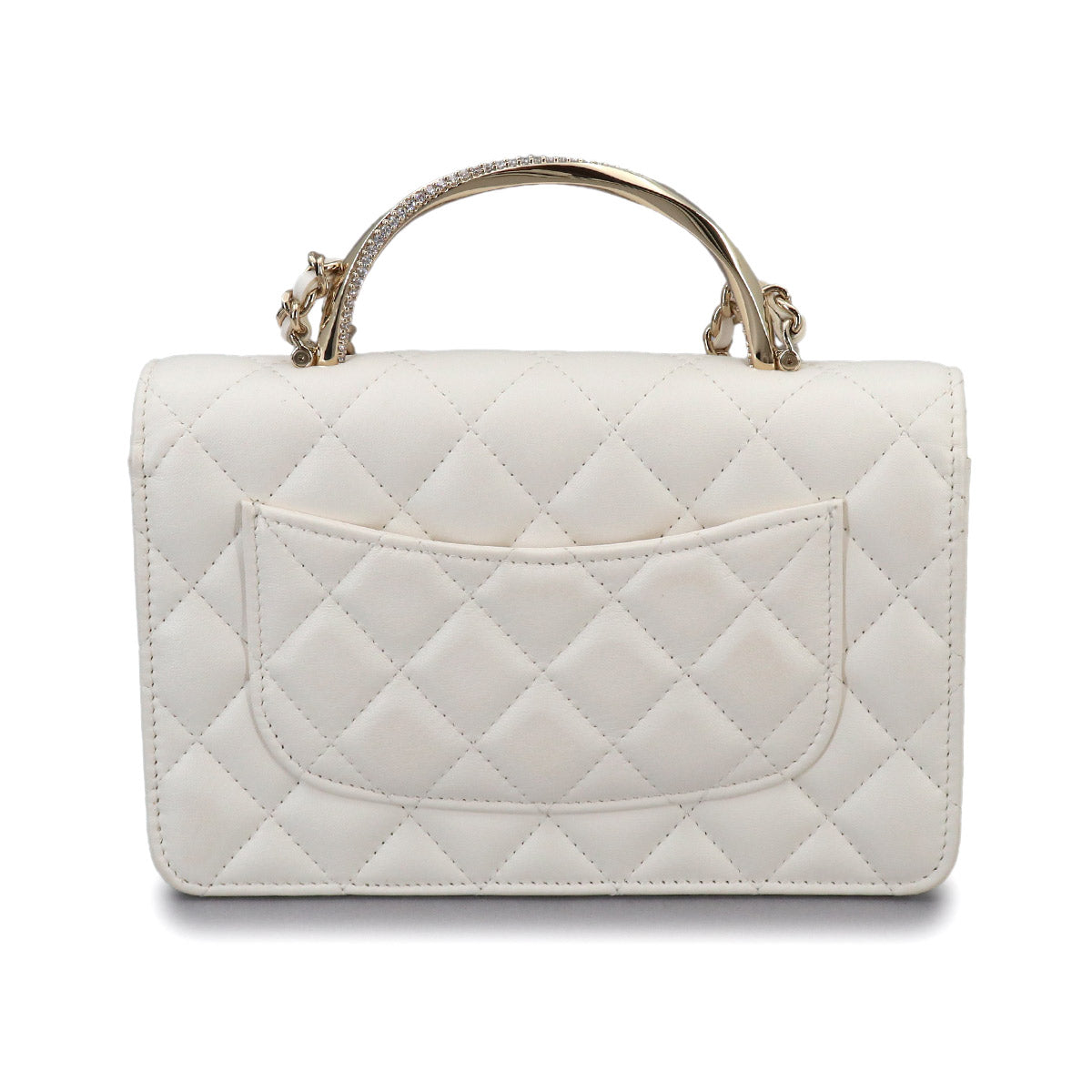 Matelasse 2way Hand Chain Wallet Leather White Rhinestone