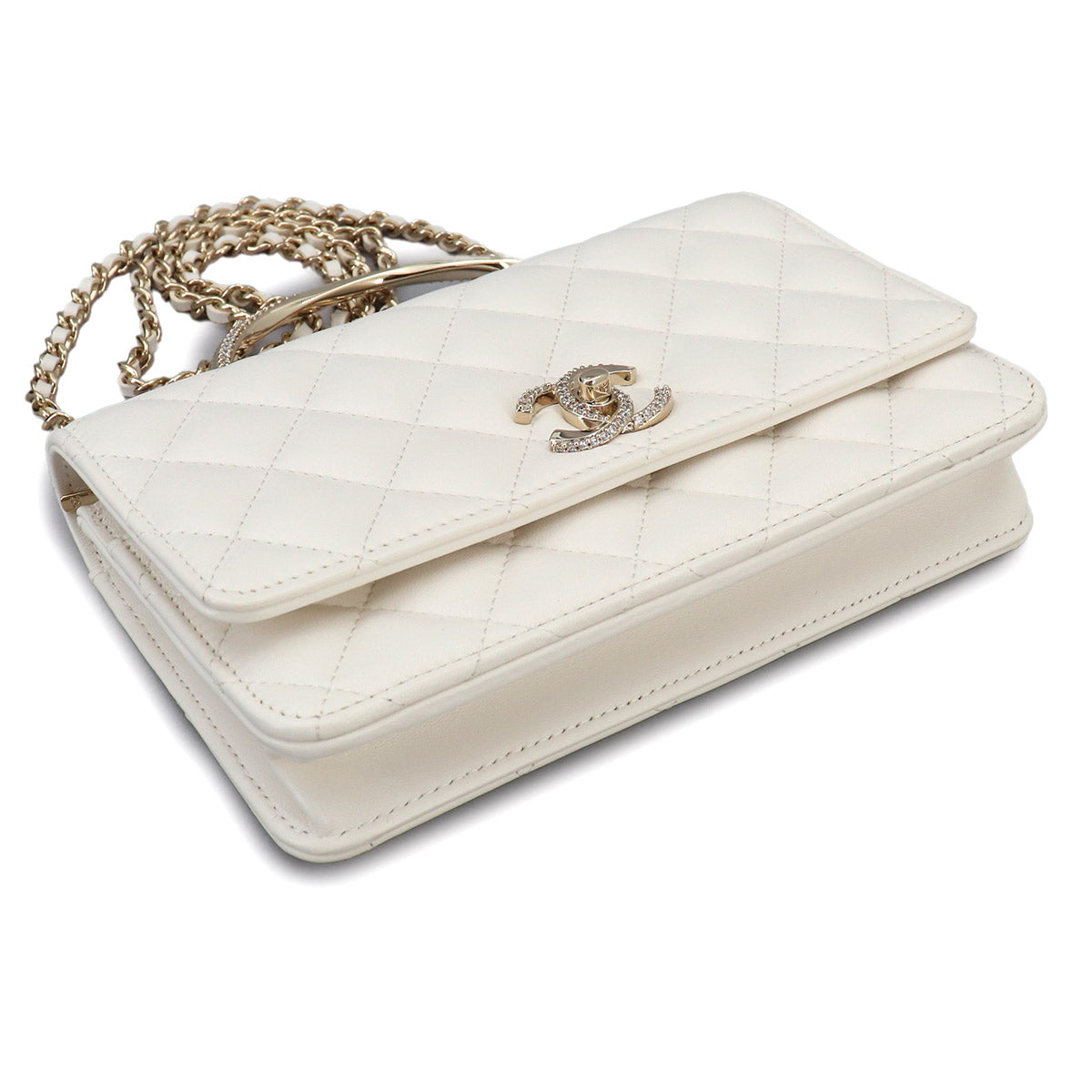 Matelasse 2way Hand Chain Wallet Leather White Rhinestone