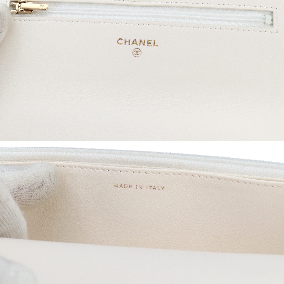 Matelasse 2way Hand Chain Wallet Leather White Rhinestone