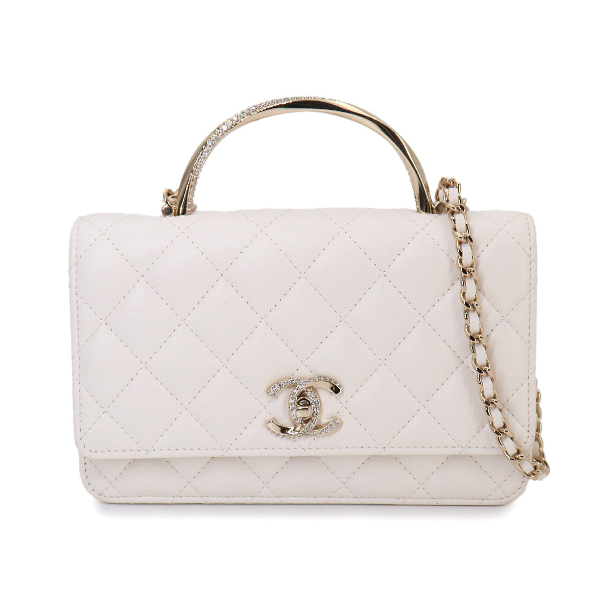 Matelasse 2way Hand Chain Wallet Leather White Rhinestone