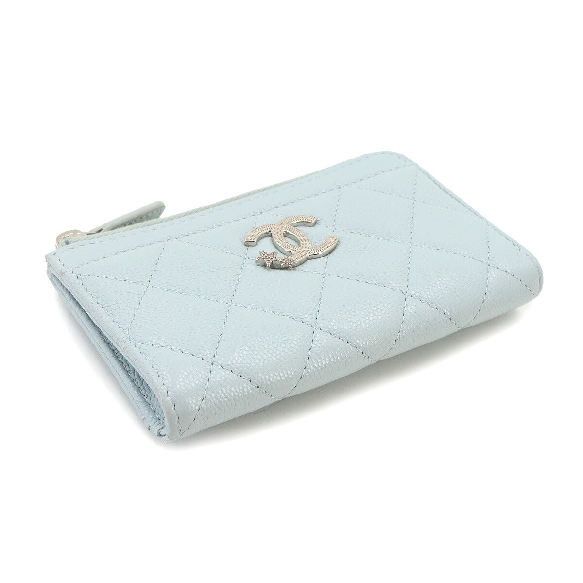 Matelasse Coin Case Purse Wallet Leather Light blue Star