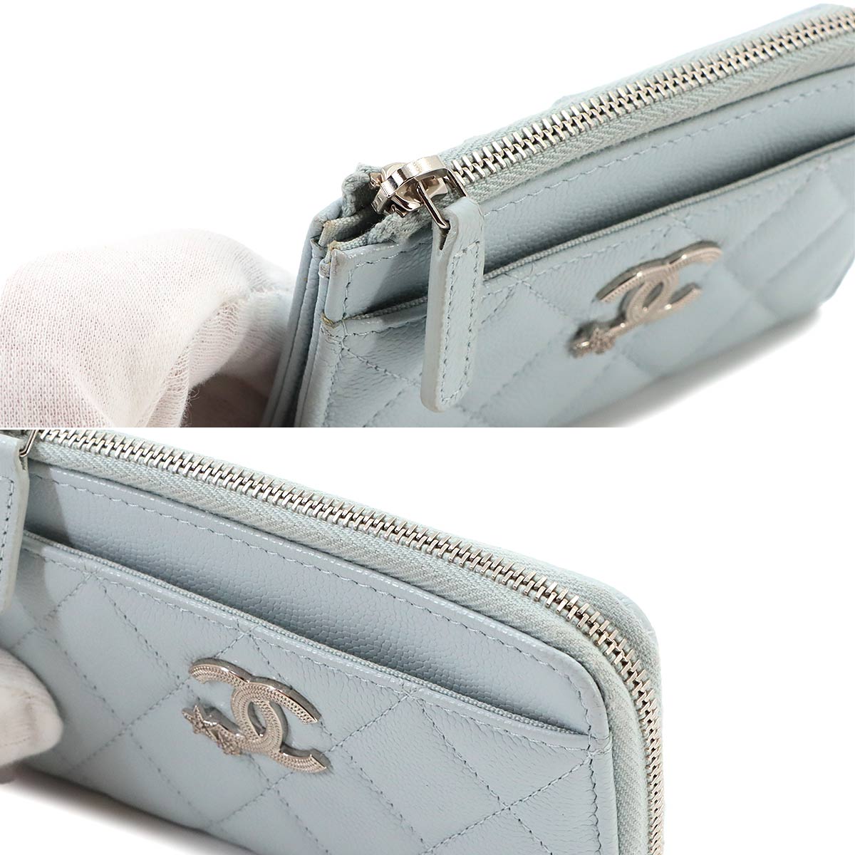 Matelasse Coin Case Purse Wallet Leather Light blue Star