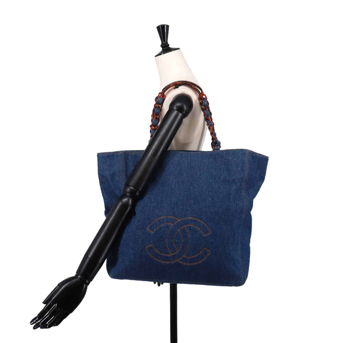 Plastic Chain Tote Bag Denim Blue Coco Logos Vintage Purse