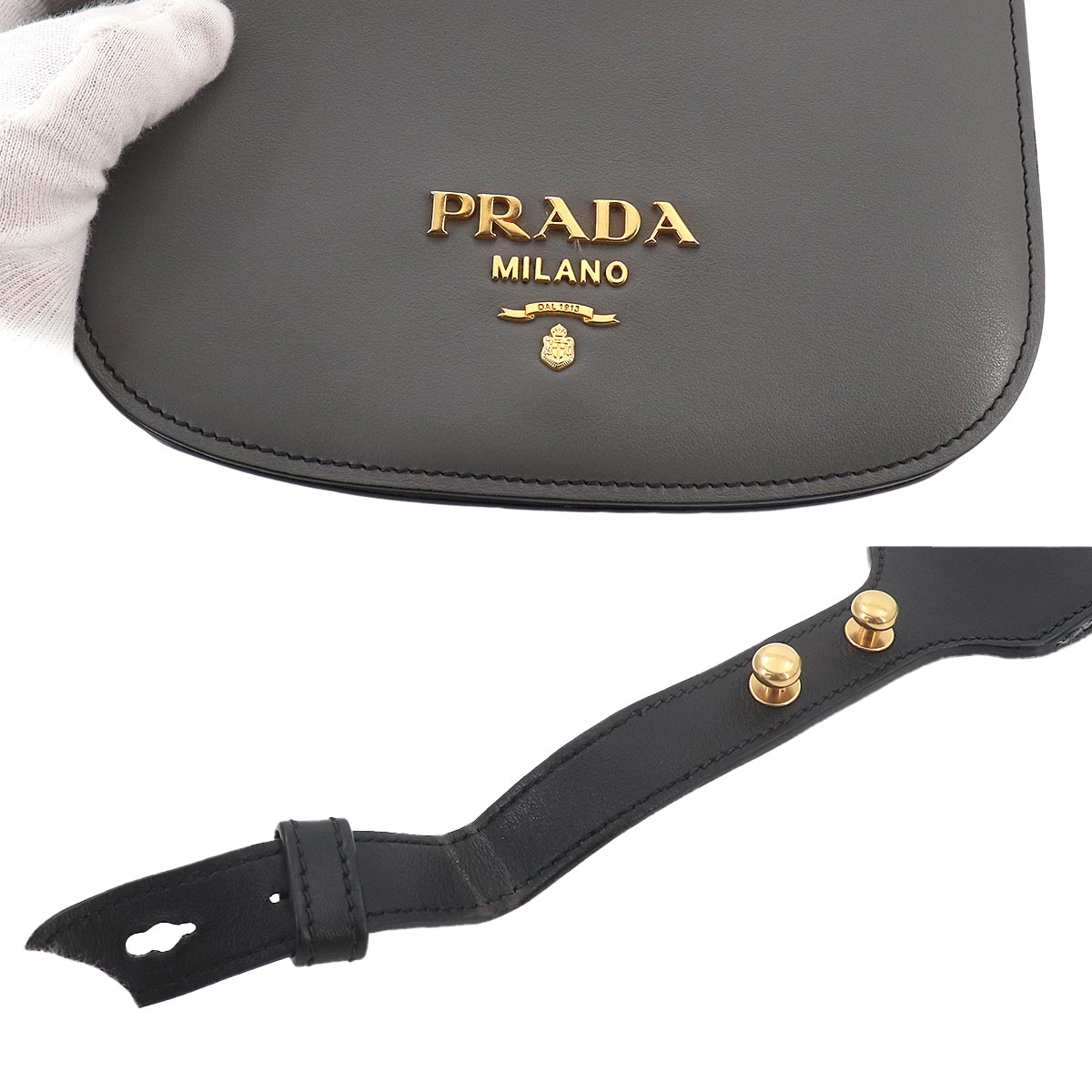Prada Pionniere Shoulder Bag Leather Gray Black 1BD039