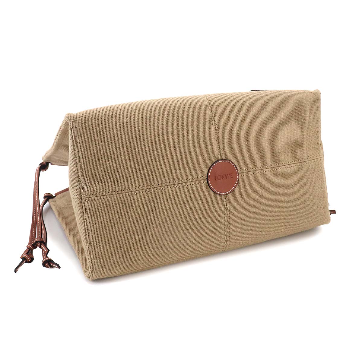 Cushion Tote Large Bag Canvas Leather Beige Brown