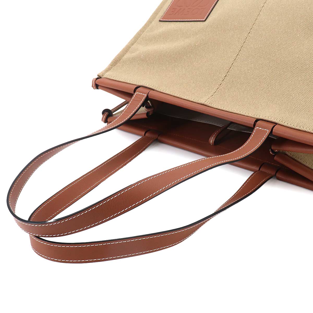 Cushion Tote Large Bag Canvas Leather Beige Brown