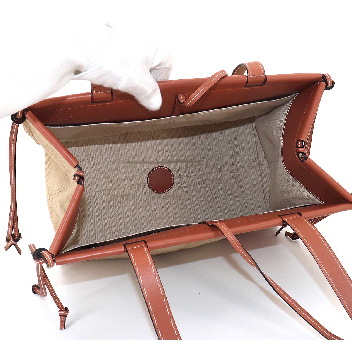 Cushion Tote Large Bag Canvas Leather Beige Brown