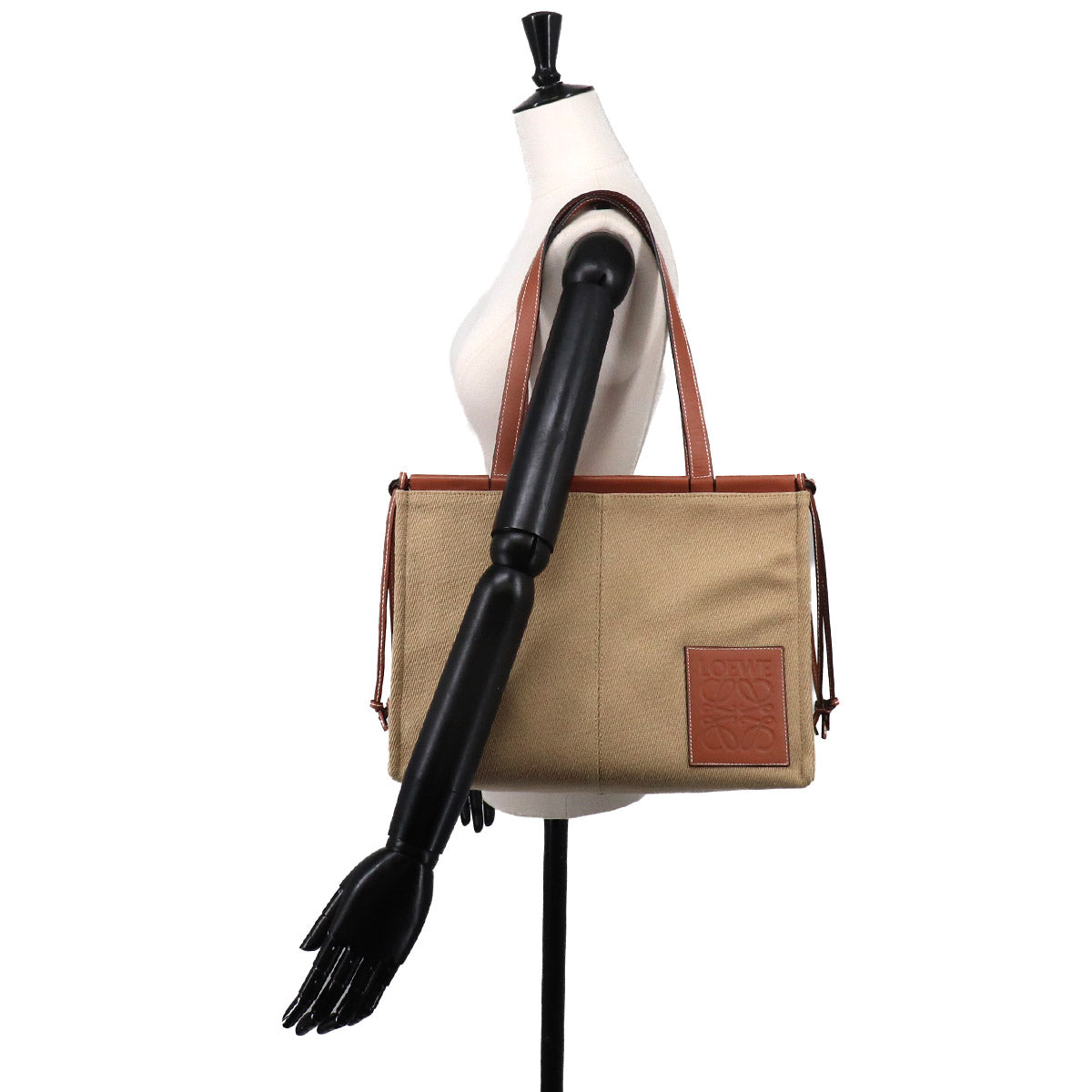 Cushion Tote Large Bag Canvas Leather Beige Brown
