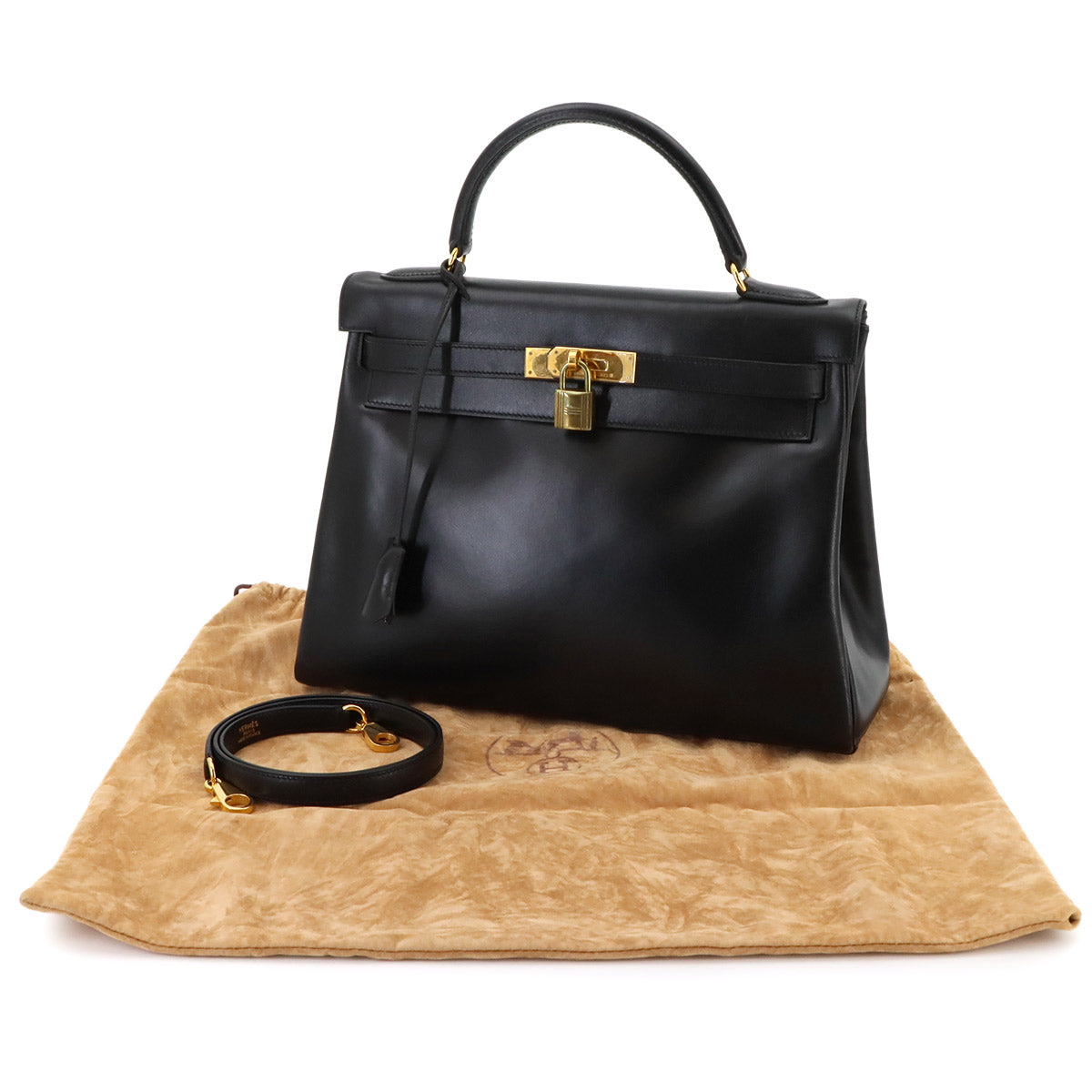 Kelly 32 Box calf Black Hand Shoulder Bag Vintage Purse