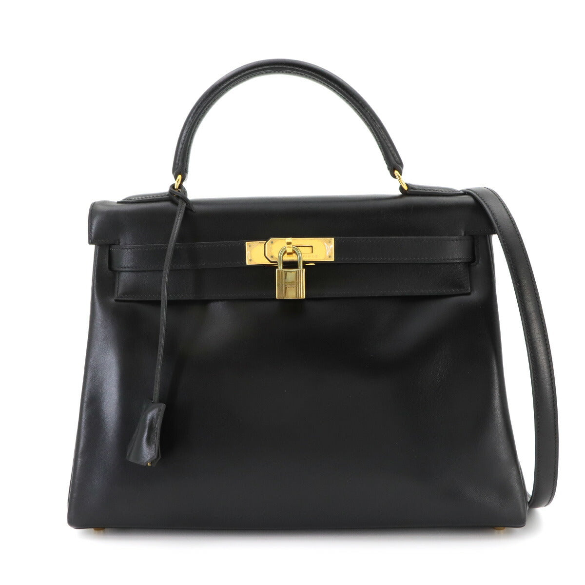 Kelly 32 Box calf Black Hand Shoulder Bag Vintage Purse