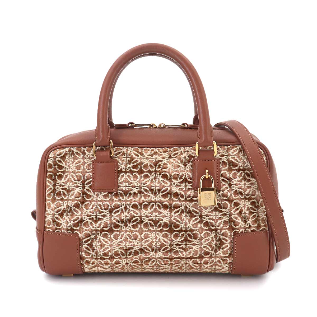 Amazona 23 2way Hand Shoulder Bag Leather Jacquard Tan Purse