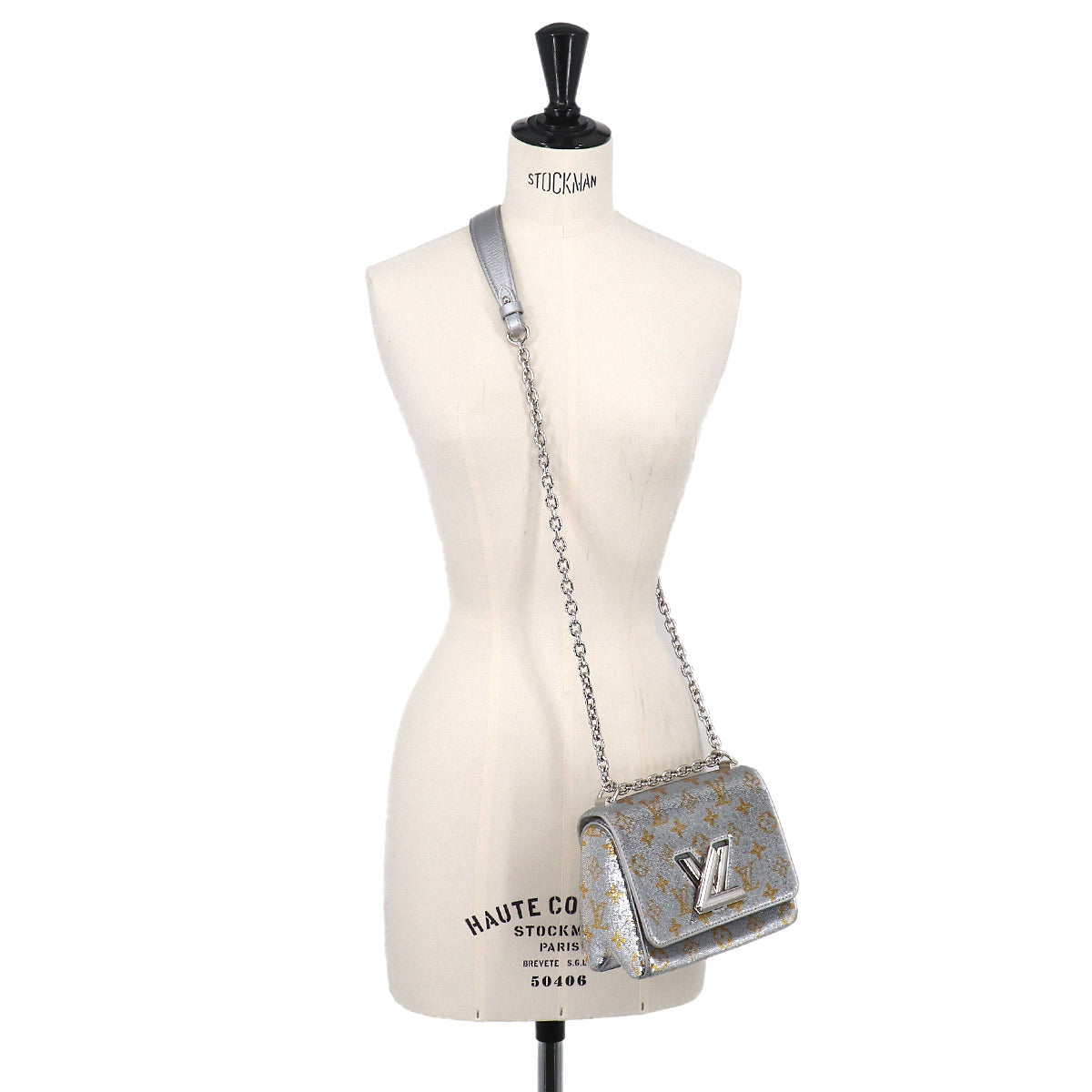 Monogram Sequins Twist PM Shoulder Bag Leather Silver