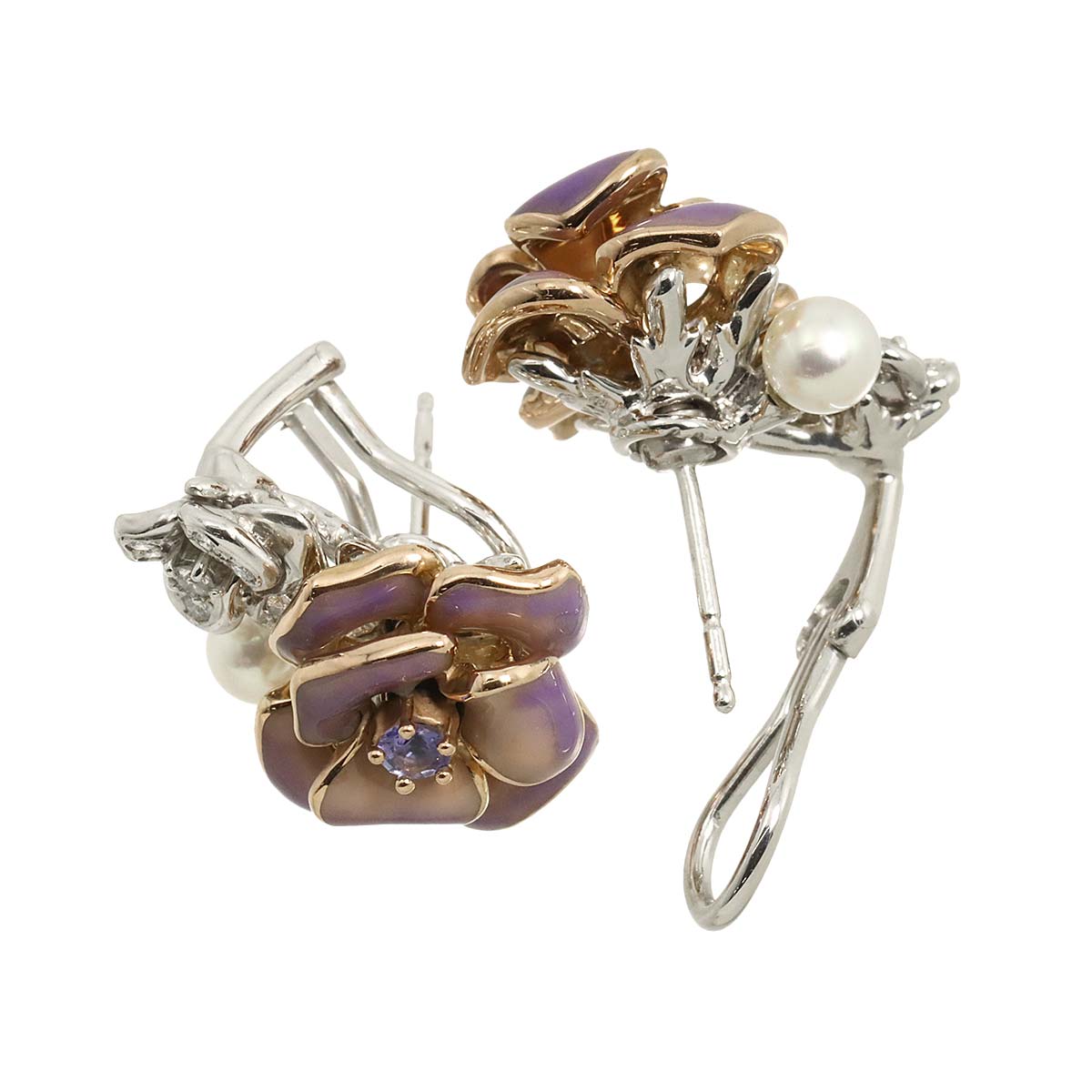 Multi Stone Enamel Earrings Pierced 18K PG WG 750