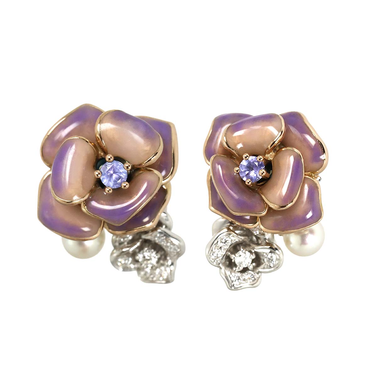 Multi Stone Enamel Earrings Pierced 18K PG WG 750
