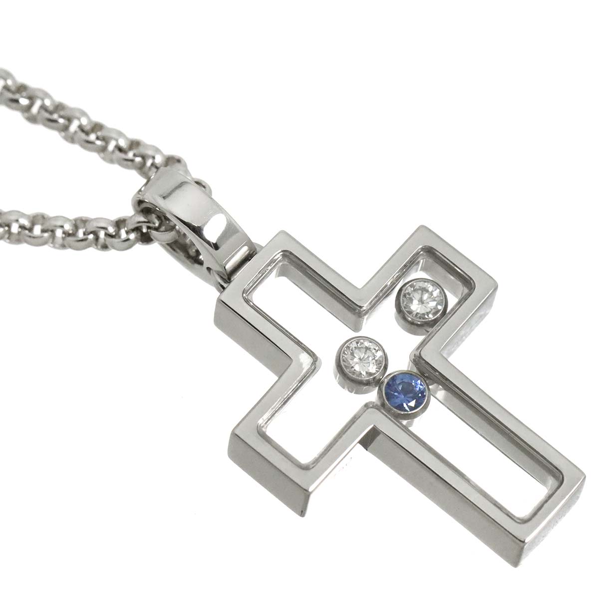 Happy Diamond Sapphire Cross Necklace 18K WG 750