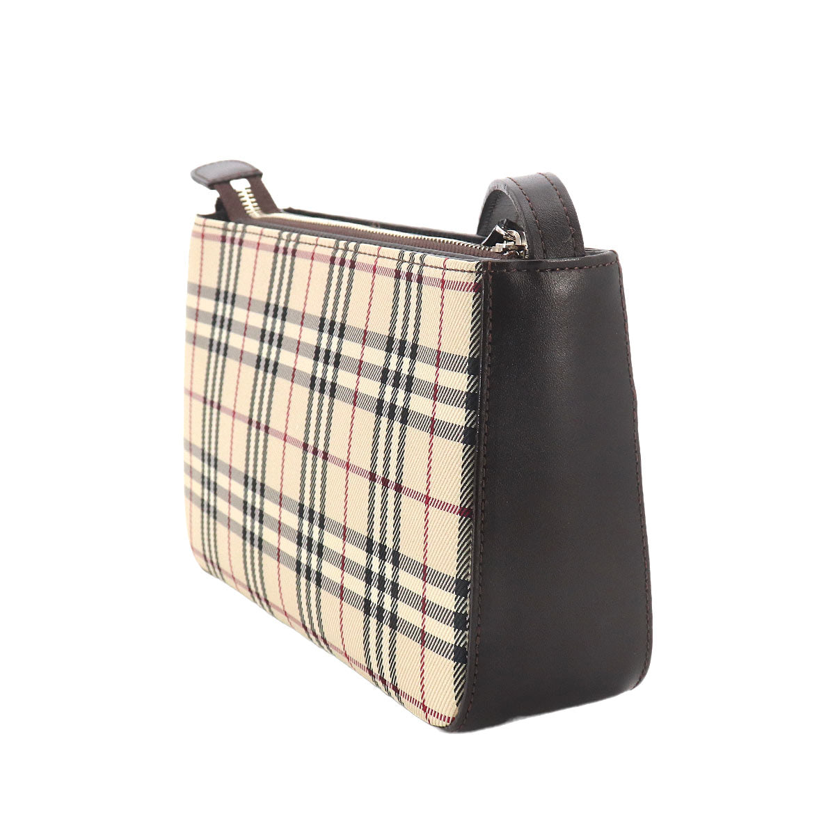 Plaid Hand Bag Canvas Leather Beige Brown Purse