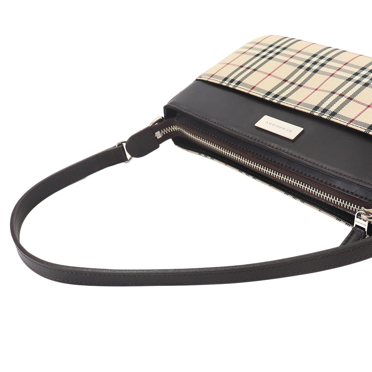 Plaid Hand Bag Canvas Leather Beige Brown Purse