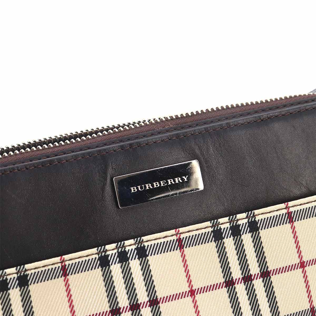 Plaid Hand Bag Canvas Leather Beige Brown Purse