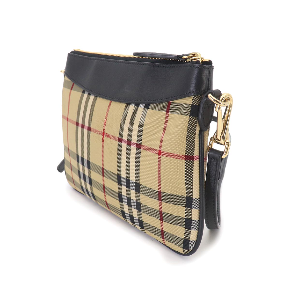 Plaid Shoulder Bag Canvas Leather Beige Black Haymarket