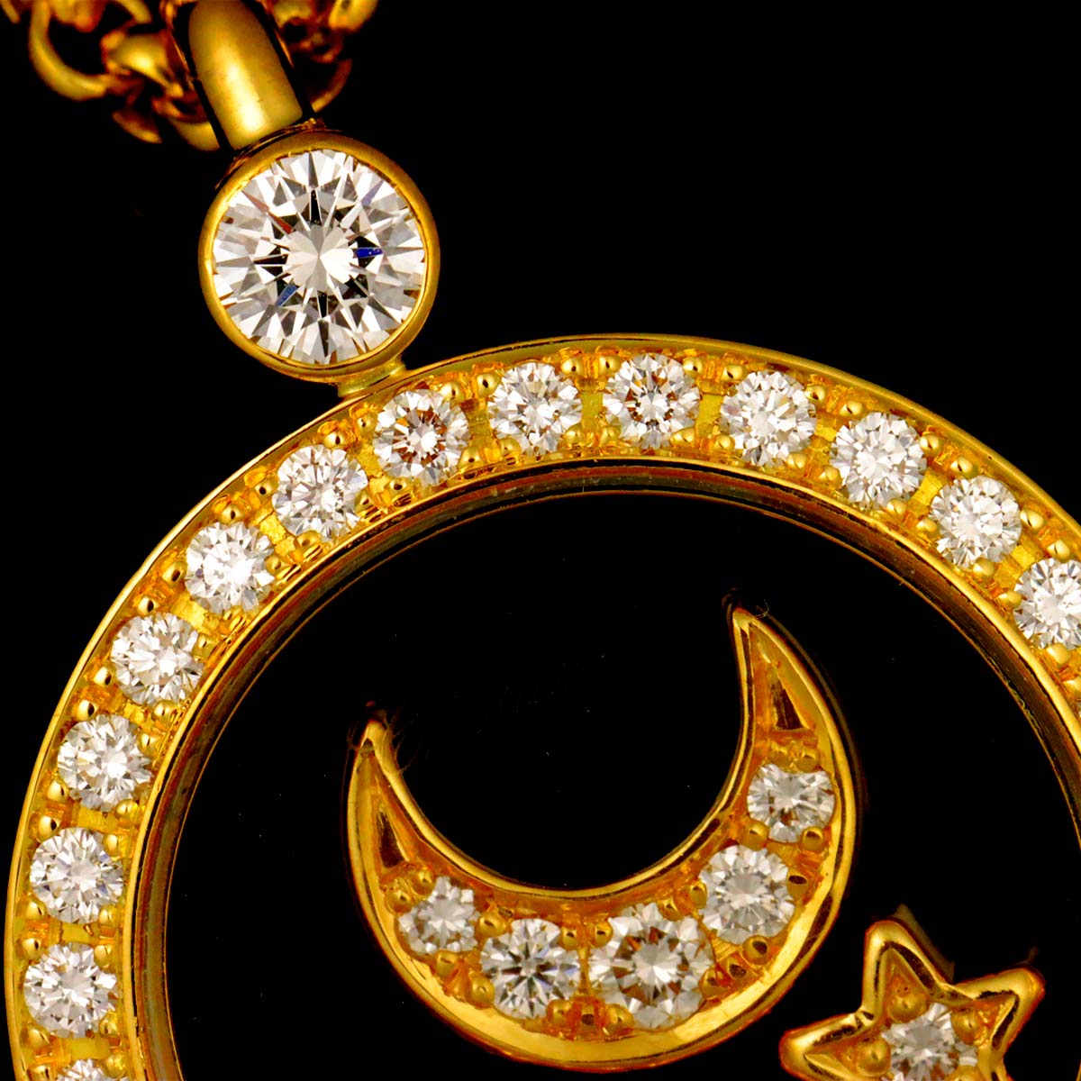 Happy Diamond Moon and Stars Necklace 18K YG 750