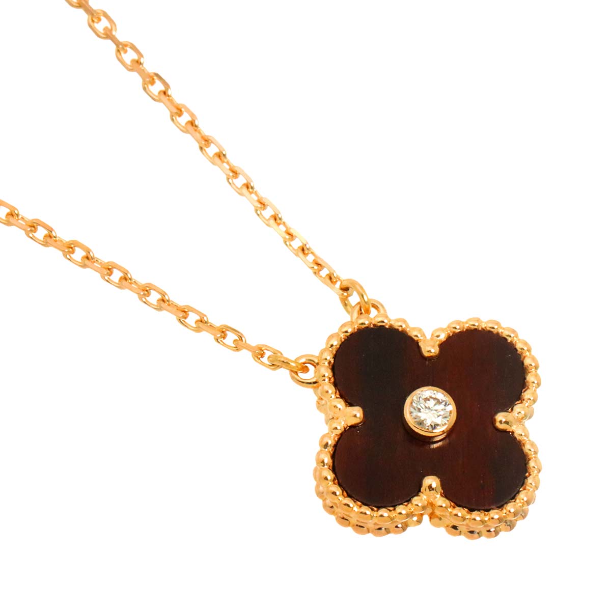 Van Cleef Arpels Vintage Alhambra Wood Diamond Necklace 18K PG 750
