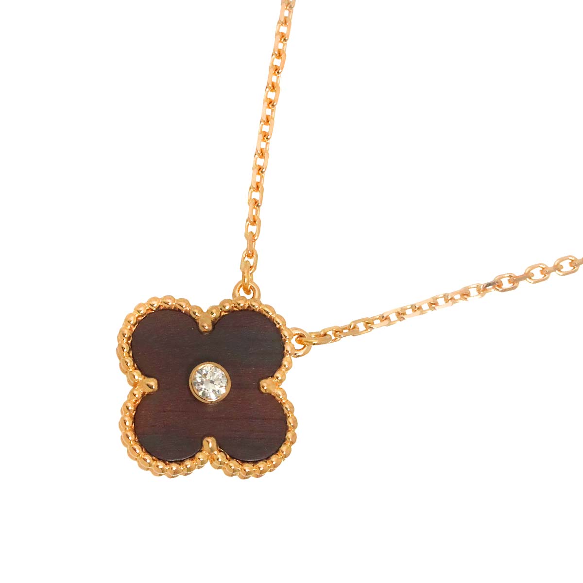 Van Cleef Arpels Vintage Alhambra Wood Diamond Necklace 18K PG 750
