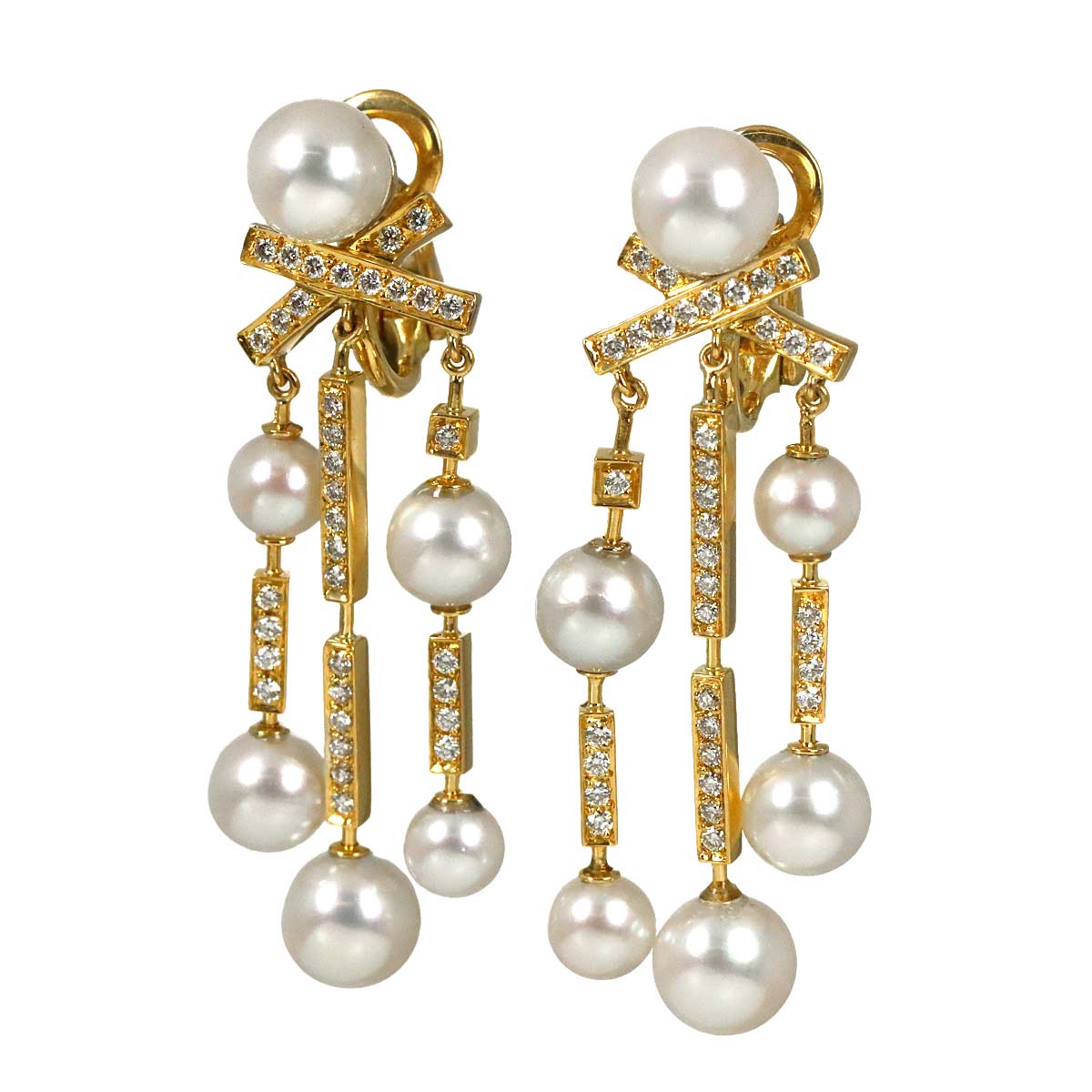Akoya Pearl 7.0-5.0mm Diamond Earrings Pierced 18K Yellow Gold