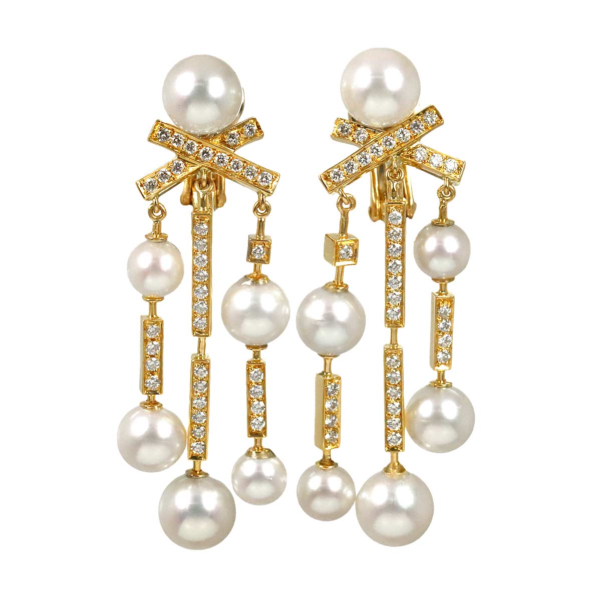 Akoya Pearl 7.0-5.0mm Diamond Earrings Pierced 18K Yellow Gold