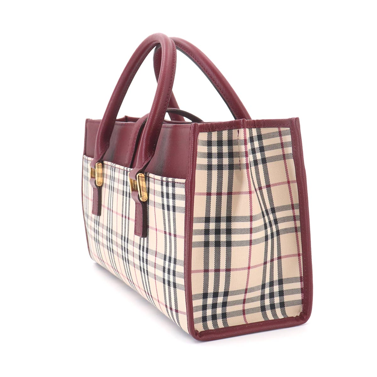 Plaid Hand Bag Canvas Leather Beige Bordeaux Purse