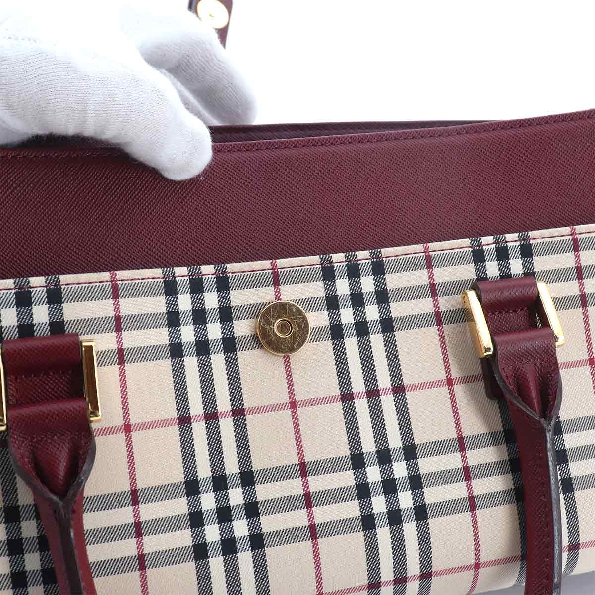 Plaid Hand Bag Canvas Leather Beige Bordeaux Purse