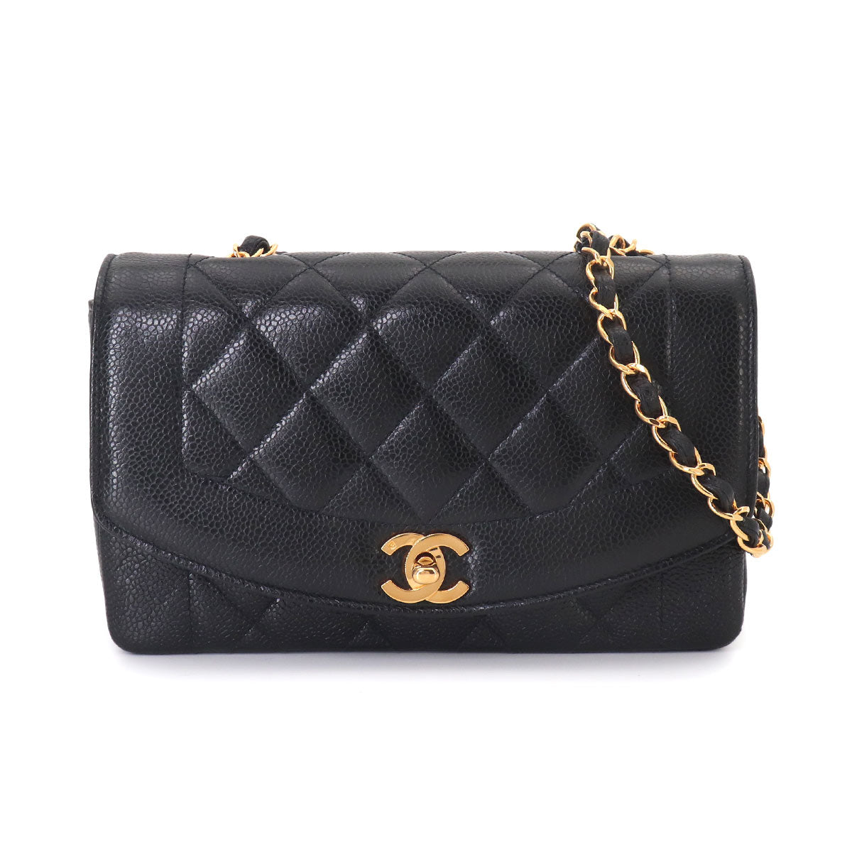 Diana Matelasse 22 Chain Shoulder Bag Leather Black
