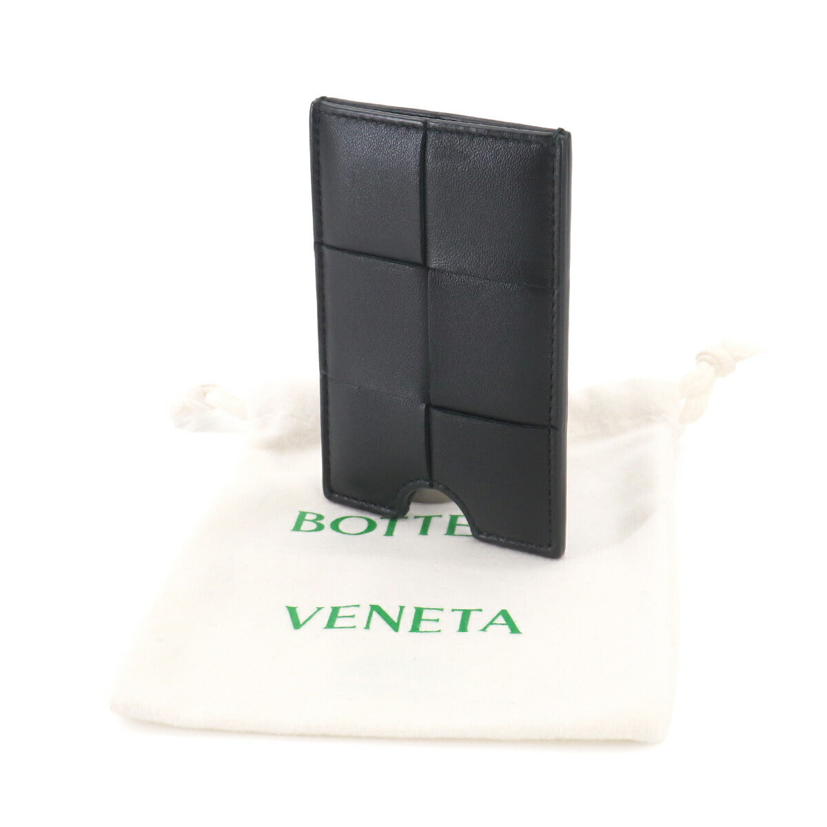 Intrecciato Badge Holder Card Case Leather Black