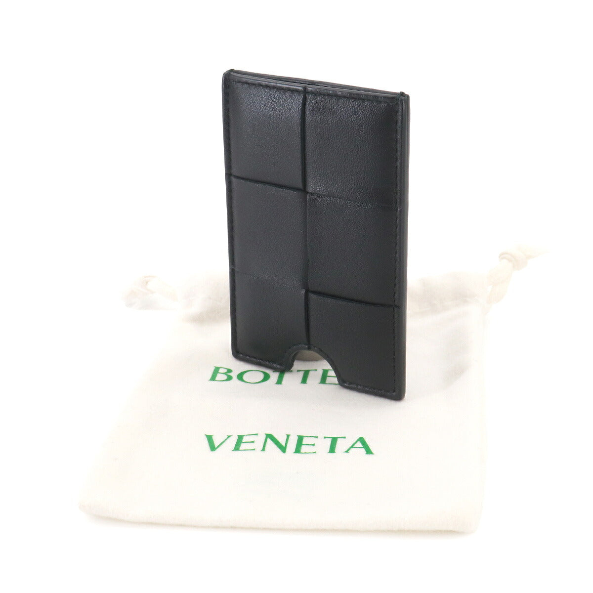 Intrecciato Badge Holder Card Case Leather Black