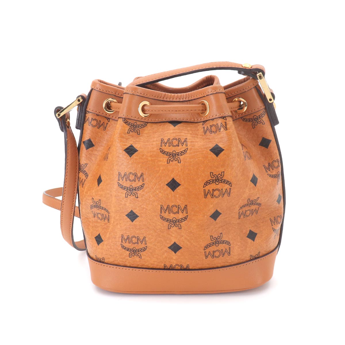 Visetos Monogram Drawstring Shoulder Bag PVC Leather Brown Studs