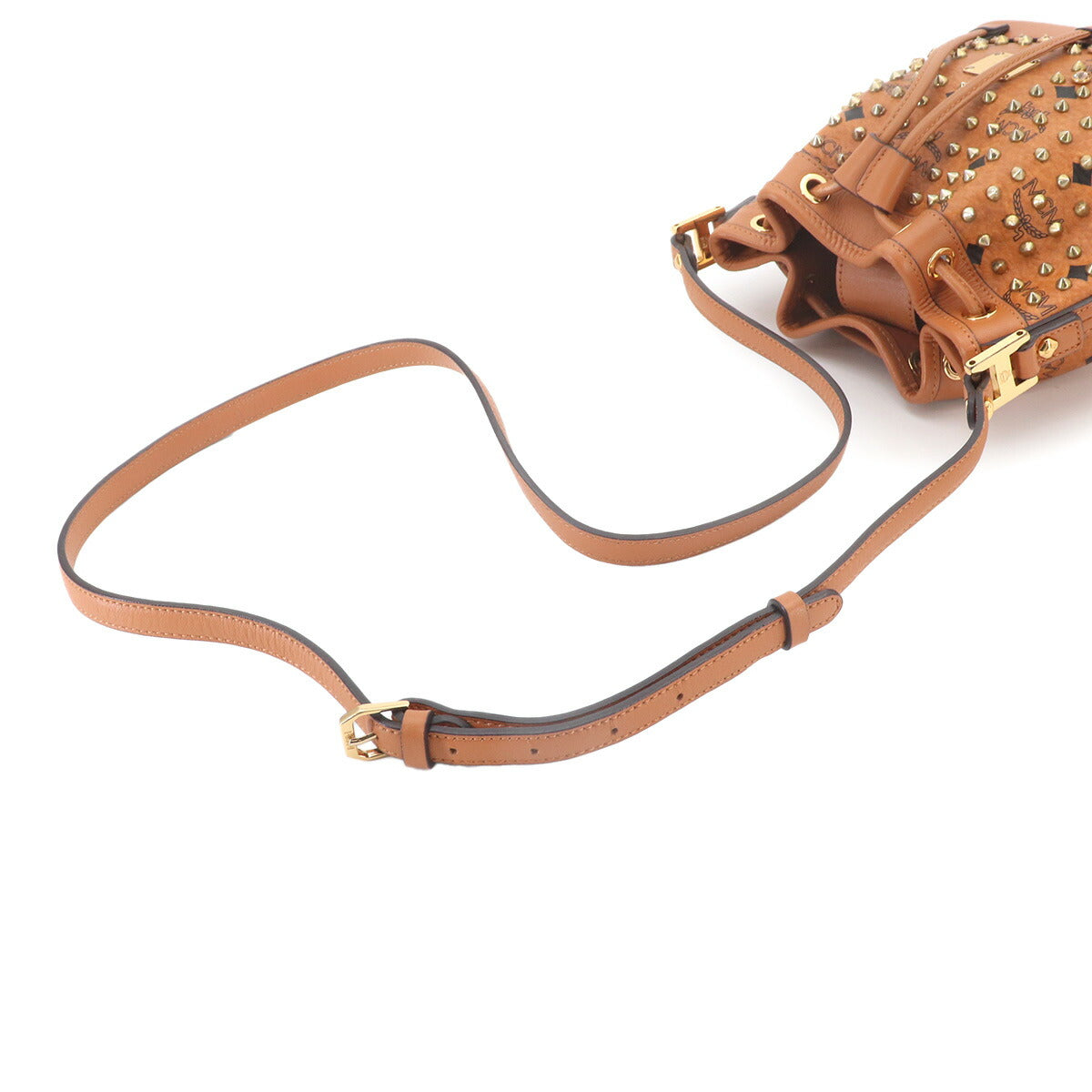 Visetos Monogram Drawstring Shoulder Bag PVC Leather Brown Studs