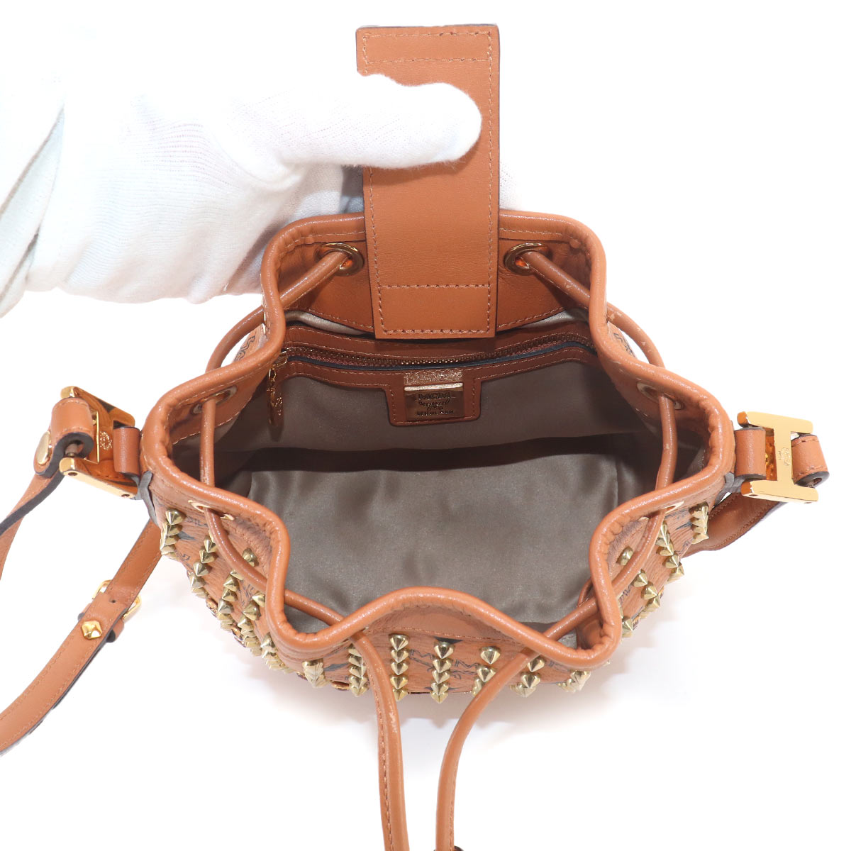 Visetos Monogram Drawstring Shoulder Bag PVC Leather Brown Studs