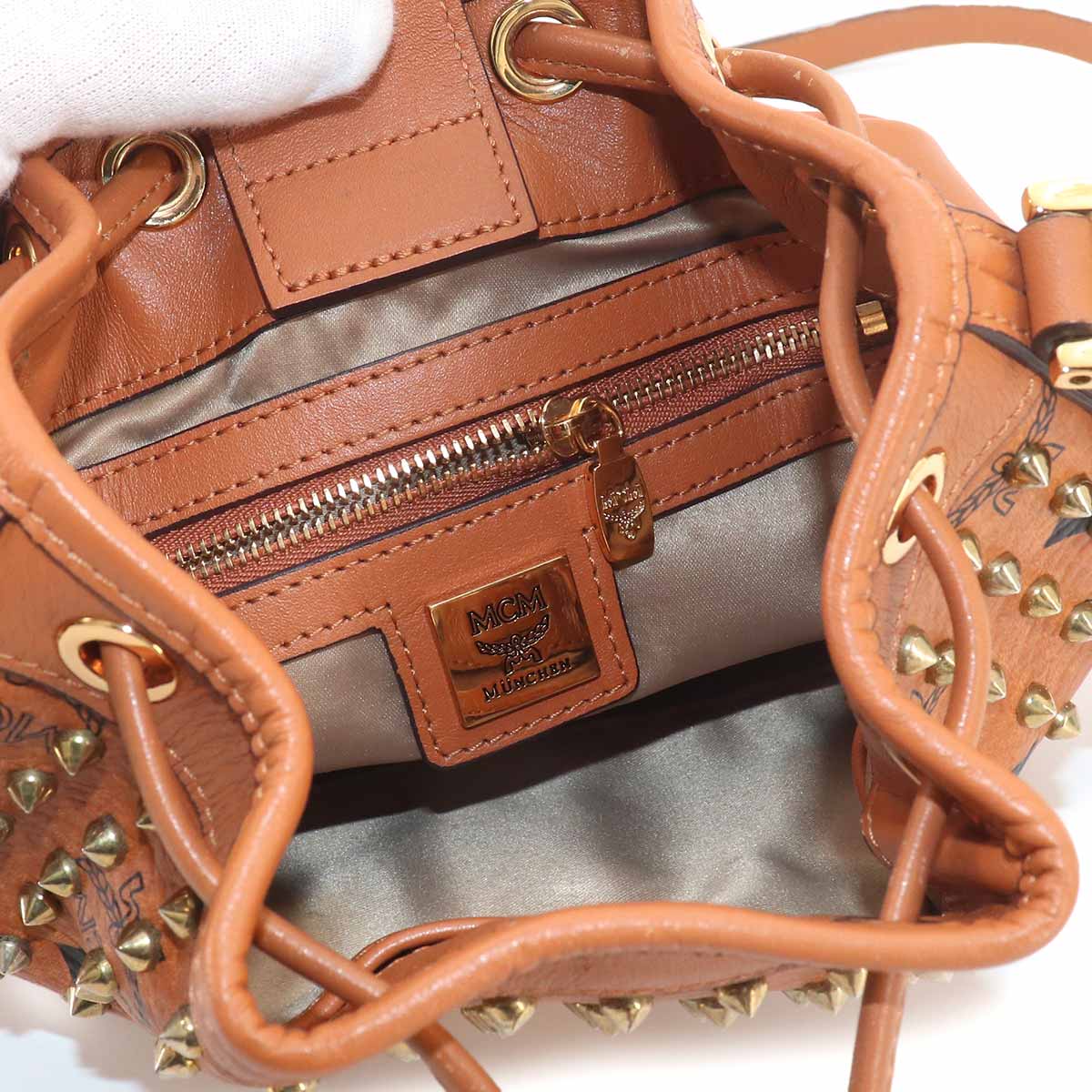 Visetos Monogram Drawstring Shoulder Bag PVC Leather Brown Studs